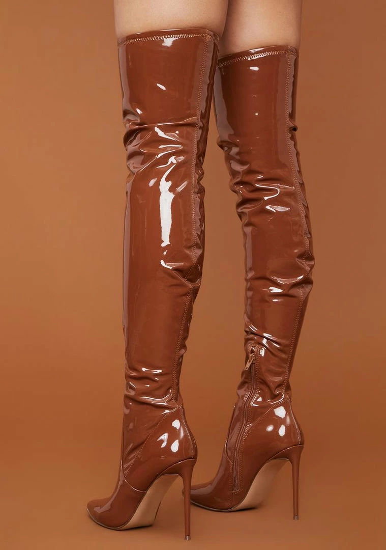 Hot Sale ⌛ Steve Madden Brown Patent Viktory Knee High 🥾 Boots 🥰 4 Steve Madden Brown Patent Viktory Knee High Boots