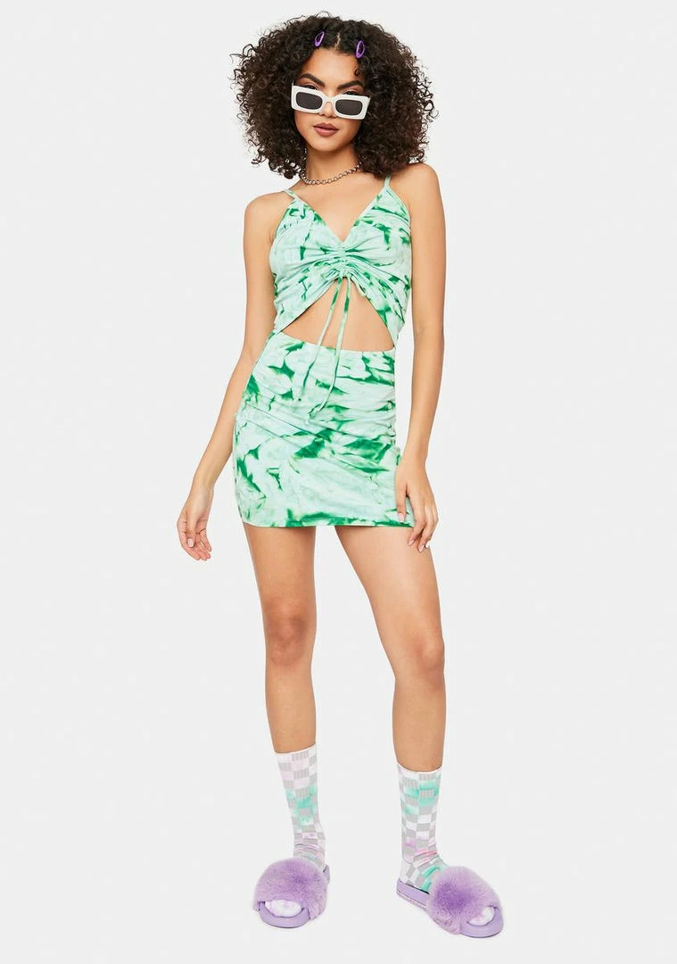 Flash Sale 🔔 Cute Mistake Green Tie Dye Ruched Mini 👗 Dress ✔️ 3 Cute Mistake Green Tie Dye Ruched Mini Dress
