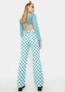 Cute Mistake Bottoms Teal Checkered Sass Flares