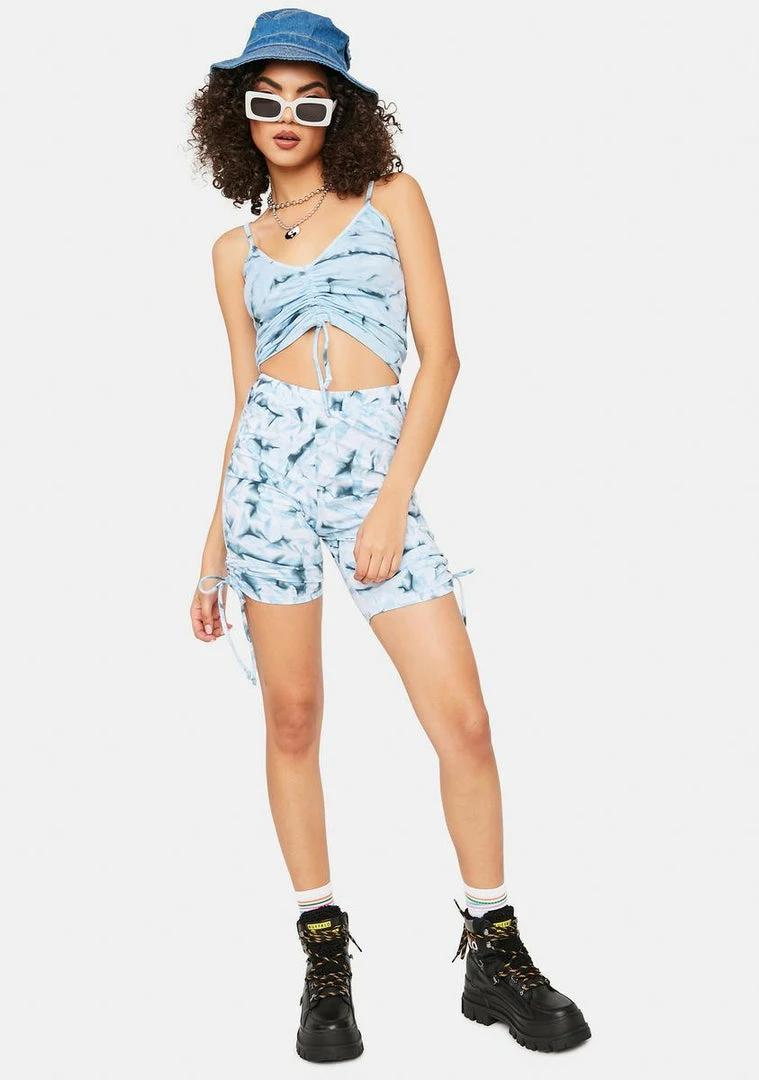 Budget 🎉 Cute Mistake Bottoms Blue Heat Wave Ruched Biker Shorts ⭐ 3 Cute Mistake Bottoms Blue Heat Wave Ruched Biker Shorts