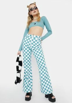 Cute Mistake Bottoms Teal Checkered Sass Flares