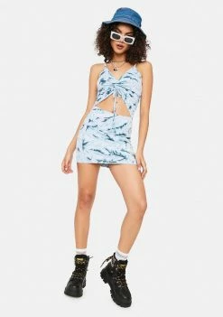 Outlet ⌛ Cute Mistake Blue Tie Dye Ruched Mini 👗 Dress 🌟 6 Cute Mistake Blue Tie Dye Ruched Mini Dress